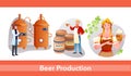 Cartoon info education poster with manufacture automated processing line, beverage industry technology isolated on white