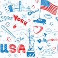 Cartoon ink seamless pattern with USA flag, cities, letters, stars, Statue of Liberty on the paper sheet Royalty Free Stock Photo