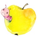 Cartoon insect apple worm watercolor illustration.