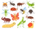 Cartoon insects. Cute bug characters. Crawling beetle or flying butterfly with big eyes for kids illustration