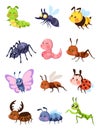 Cartoon insects. Cute grasshopper and ladybug, caterpillar and butterfly. Mosquito and spider. Fly, ant and mantis