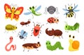 Cartoon insects. Happy bugs, cute little beetle and smiled caterpillar. Wildlife insect vector Illustration set Royalty Free Stock Photo