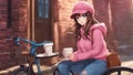 Cartoon inspired anime, anime charming young woman brown hair blue eyes pink sweater hat coffee cup warm brick wall