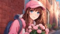 Cartoon inspired anime, anime A lovely anime girl with long brown hair and blue eyes, wearing a pink sweater and a hat.