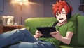 Cartoon inspired anime, anime boy with red hair and gray eyes lies couch with a tablet and a remote control. He is winking, wink