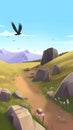 a cartoon inspired flying bird above a long road, ai generated image