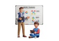 Cartoon instructor teaching work training to a student with charts on a whiteboard and tablets in hand Royalty Free Stock Photo