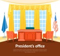 Cartoon Interior President Government Office Card Poster with Furniture. Vector