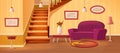 Cartoon interior with staircase. Cozy hallway room, home inside and two-story apartments vector background illustration