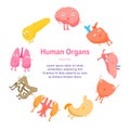 Cartoon Internal Organs Funny Emotions Banner Card Circle. Vector