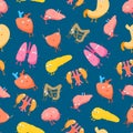 Cartoon Internal Organs Funny Emotions Seamless Pattern Background. Vector