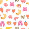 Cartoon Internal Organs Funny Emotions Seamless Pattern Background. Vector