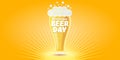 Cartoon international beer day horizontal banner or poster with beer glass isolated on light yellow beer background