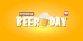 Cartoon international beer day horizontal banner or poster with beer glass isolated on light yellow beer background