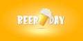 Cartoon international beer day horizontal banner or poster with beer glass isolated on light yellow beer background