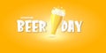 Cartoon international beer day horizontal banner or poster with beer glass isolated on light yellow beer background