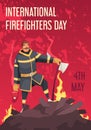 Cartoon international firefighters day card with smiling fireman in uniform holding helmet and axe vector