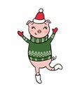 Cartoon invitation card. Dancing piglet in sweater in mittens on dark background. Vector winter illustration.