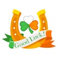 Cartoon Irish Horseshoe and clover, Good Luck. Decoration for greeting cards, posters, patches, prints for clothes, and