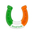 Cartoon Irish Horseshoe, Good Luck. Cartoon sticker with contour. Decoration for greeting cards, posters, patches