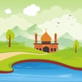 Cartoon islamic mosque and landscape