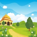 Cartoon islamic mosque and lovely nature landscape