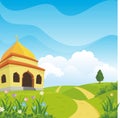 Cartoon islamic mosque and lovely nature landscape