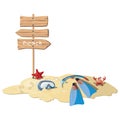 Cartoon island with elements for diving. Illustration for a travel company. Summer vacation at the sea. Illustration of