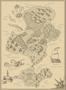 Cartoon island map template for next level game - adventures, treasure hunt. Pirate map with octopus, scorpion, sharks Royalty Free Stock Photo