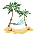 Cartoon island in the sea with a chaise longue and surfboard. Illustration for a travel company. Summer vacation at the