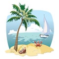 Cartoon island in the sea with a yacht. Illustration for a travel company. Summer vacation at the sea. Illustration of a