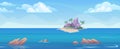 Cartoon island seaside in ocean. Islands seashore drawing panorama horizontal landscape with clouds sky, caribbean Royalty Free Stock Photo