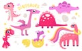Cartoon isolated adorable dino characters for childish collection of kindergarten decoration, funny prehistoric baby