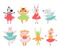Cartoon isolated ballerina animals. Dancing bunny, zebra and tiger. Ballet animal dance, funny scandinavian style classy