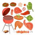 Cartoon isolated barbeque menu for summer party with meat on skewer and sausage, beef steak and vegetables, kitchen