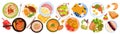Cartoon isolated cereal breakfast with fruit in bowl, avocado and salmon morning toast, fried bacon and eggs, fish and