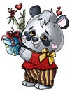Cartoon isolated character romantic baby bear with a gift cute small panda boy with round head and big eyes