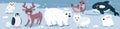 Cartoon isolated cute baby animal characters with funny polar bear, happy walrus with fish and penguin, white fox. Wild