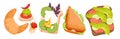 Cartoon isolated delicious tasty fastfood collection with crispy croissant, bread toasts with smoked salmon and avocado