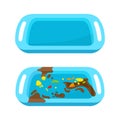 Cartoon isolated dirty and clean tray. School canteen blue plastic equipment. Dish rack with stains and food debris
