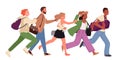 Cartoon isolated diverse crowd of young active adult characters running fast, man and woman in casual clothes rush on