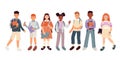 Cartoon isolated diverse group of cute children students of primary school standing with backpacks, bags and books Royalty Free Stock Photo