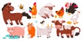 Cartoon isolated domestic funny characters collection from village farmyard, happy little pig and sheep, chicken and Royalty Free Stock Photo