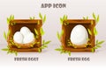 Cartoon isolated egg in wooden square of twigs. Set of fresh eggs in birds nest of twigs. Vector illustration. Web icons and Royalty Free Stock Photo