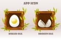 Cartoon isolated eggs in wooden square of twigs. Set of boiled and broken egg. Vector illustration. Vector web icons and mobile Royalty Free Stock Photo