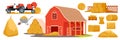 Cartoon isolated farm agriculture collection of haystacks and bales, golden straw heap and tractor hay baler
