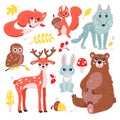 Cartoon isolated forest characters with autumn berry fruit on plants and mushrooms, squirrel with acorn and deer, fox Royalty Free Stock Photo