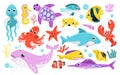 Cartoon isolated funny aquatic characters, happy whale and octopus, swimming seahorse and tortoise, clownfish smiling Royalty Free Stock Photo