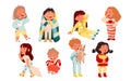 Cartoon isolated girls and boys in pajamas yawn and ready to rest and sleep in bedtime, child holding blanket and pillow