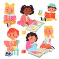 Cartoon isolated happy children study with fun, preschool students sit on knees on floor or chair and reading, little